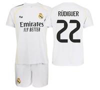R. Madrid Conjunto Camiseta y Pantalón 2025/26 Réplica Oficial - Equipo Masculino- Antonio RÜDIGER - Primera Equipación - Unisex (FR/ES, Edad, 12 años, Regular, Blanca)