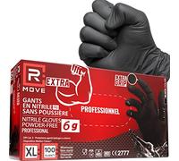 R MOVE 100 guantes de nitrilo negros 6 gramos extra resistentes 60% más de grosor en el dedo que 3,5 g. Sin polvo, sin látex, para mecánicos, tatuadores, restaurantes, guantes desechables (XL)