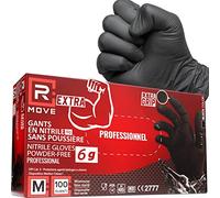 R MOVE 100 guantes de nitrilo negros 6 gramos extra resistentes 60% más de grosor en el dedo que 3,5 g. Sin polvo, sin látex, para mecánicos, tatuadores, restauración, guantes desechables (M)