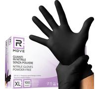 R MOVE | 100 Guantes Nitrilo Negros Talla XL, Sin Polvo, Sin Látex, Hipoalergénicos, Guantes Desechables para Esteticistas, Tatuadores, Ámbitos Médicos, y Para Alimentos