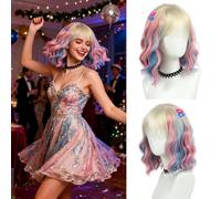 R REEWES FASHION HAIR Peluca corta rizada colorida rubia azul rosa con flequillo para mujeres y niñas Cosplay Halloween fiesta de disfraces con dos horquillas