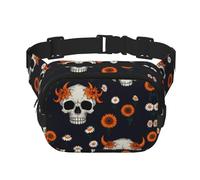 R - Riñonera multifuncional con diseño de calavera y cabeza de oveja con margaritas, bolsa de mensajero unisex de moda, bolsa de almacenamiento deportiva de viaje