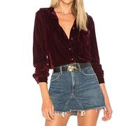 R.Vivimos Blusa Femenina Camisa Sexy Manga Larga V Cuello Botones Camisa De Terciopelo De Plumón(L,Winered)