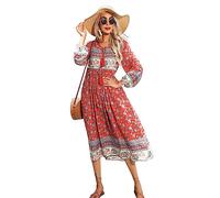 R.Vivimos Elegante Casual Mujer Bohemio Vestido Largo Estampado Corbata Manga Larga Vestido de Midi de Playa Vestido de Vacaciones(S,AuroraRed)