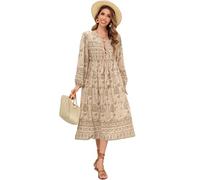R.Vivimos Elegante Casual Mujer Bohemio Vestido Largo Estampado Corbata Manga Larga Vestido de Midi de Playa Vestido de Vacaciones(S,LightKhaki#)