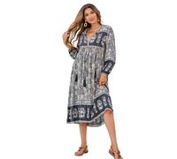 R.Vivimos Elegante Casual Mujer Bohemio Vestido Largo Estampado Corbata Manga Larga Vestido de Midi de Playa Vestido de Vacaciones(M,SmokeBlack)