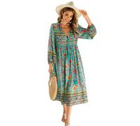 R.Vivimos Elegante Casual Mujer Bohemio Vestido Largo Estampado Corbata Manga Larga Vestido de Midi de Playa Vestido de Vacaciones(XL,Green)