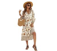 R.Vivimos Elegante Casual Mujer Bohemio Vestido Largo Estampado Corbata Manga Larga Vestido de Midi de Playa Vestido de Vacaciones(S,White)