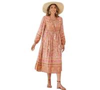 R.Vivimos Elegante Casual Mujer Bohemio Vestido Largo Estampado Corbata Manga Larga Vestido de Midi de Playa Vestido de Vacaciones(XXL,Apricot)