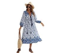 R.Vivimos Elegante Casual Mujer Bohemio Vestido Largo Estampado Corbata Manga Larga Vestido de Midi de Playa Vestido de Vacaciones(XL,WhiteBlue)
