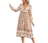 R.Vivimos Elegante Casual Mujer Bohemio Vestido Largo Estampado Corbata Manga Larga Vestido de Midi de Playa Vestido de Vacaciones(M,Cream)