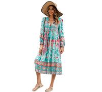 R.Vivimos Elegante Casual Mujer Bohemio Vestido Largo Estampado Corbata Manga Larga Vestido de Midi de Playa Vestido de Vacaciones(M,LightCyan)