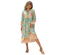 R.Vivimos Elegante Casual Mujer Bohemio Vestido Largo Estampado Corbata Manga Larga Vestido de Midi de Playa Vestido de Vacaciones(L,Aqua)