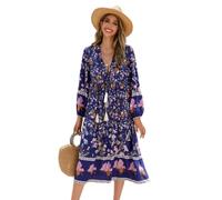 R.Vivimos Elegante Casual Mujer Bohemio Vestido Largo Estampado Corbata Manga Larga Vestido de Midi de Playa Vestido de Vacaciones(XXL,Darkblue)