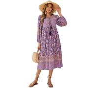 R.Vivimos Elegante Casual Mujer Bohemio Vestido Largo Estampado Corbata Manga Larga Vestido de Midi de Playa Vestido de Vacaciones(M,Darkpurple)