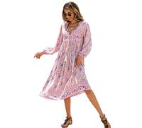 R.Vivimos Elegante Casual Mujer Bohemio Vestido Largo Estampado Corbata Manga Larga Vestido de Midi de Playa Vestido de Vacaciones(M,Lightpink)