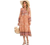 R.Vivimos Elegante Casual Mujer Bohemio Vestido Largo Estampado Corbata Manga Larga Vestido de Midi de Playa Vestido de Vacaciones(L,Tangerine)