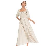 R.Vivimos Mujer Casual Polka Dot Print Slim Fit Media Manga Vestidos Cuello Cuadrado Largo Vestido Midi(S,Beige)