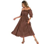 R.Vivimos Mujer Casual Polka Dot Print Slim Fit Media Manga Vestidos Cuello Cuadrado Largo Vestido Midi(L,Brown#2)