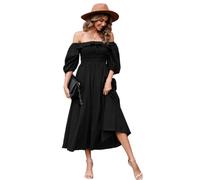 R.Vivimos Mujer Casual Polka Dot Print Slim Fit Media Manga Vestidos Cuello Cuadrado Largo Vestido Midi(L,Black)