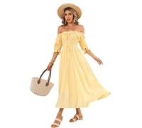 R.Vivimos Mujer Casual Polka Dot Print Slim Fit Media Manga Vestidos Cuello Cuadrado Largo Vestido Midi(M,Lightyellow#2)