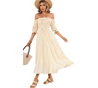 R.Vivimos Mujer Casual Polka Dot Print Slim Fit Media Manga Vestidos Cuello Cuadrado Largo Vestido Midi(S,Beige#2)