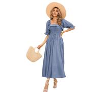 R.Vivimos Mujer Casual Polka Dot Print Slim Fit Media Manga Vestidos Cuello Cuadrado Largo Vestido Midi(L,HazeBlue#2)