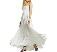 R.Vivimos Mujer Verano Sexy Vestido Sin Hombros y Sin Mangas Bohemio Beach Vestido Larga Vestido Plisado En Forma De A(L,OffWhite-2)