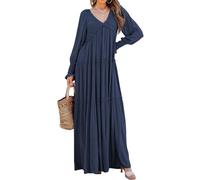 R.Vivimos Mujer Vestido Casual y Elegante de Playa de Cuello V Bohemio Vestido Maxi en Capas con Volantes de Manga Larga(L,Azul Oscuro)