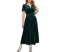 R.Vivimos Otoño Invierno Mujeres Terciopelo Maxi Vestido Manga Corta V Cuello En Capas Volante Una Línea Vestido Vintage(S,Darkgreen)