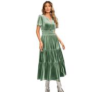 R.Vivimos Otoño Invierno Mujeres Terciopelo Maxi Vestido Manga Corta V Cuello En Capas Volante Una Línea Vestido Vintage(M,SageGreen)