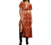 R.Vivimos Otoño Invierno Mujeres Terciopelo Maxi Vestido Manga Corta V Cuello En Capas Volante Una Línea Vestido Vintage(L,Crushed-BurntOrange)