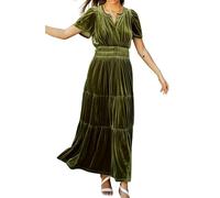 R.Vivimos Otoño Invierno Mujeres Terciopelo Maxi Vestido Manga Corta V Cuello En Capas Volante Una Línea Vestido Vintage(S,Armygreen)