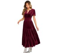 R.Vivimos Otoño Invierno Mujeres Terciopelo Maxi Vestido Manga Corta V Cuello En Capas Volante Una Línea Vestido Vintage(M,Winered)