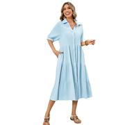 R.Vivimos Vestido Bohemio De Manga Corta Casual De Verano Femenino con Botones Abiertos Vestido De Camisa Midi(S,Azul Cielo)