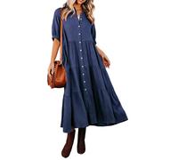 R.Vivimos Vestido Bohemio De Manga Corta Casual De Verano Femenino con Botones Abiertos Vestido De Camisa Midi(XL,Azul Marino)