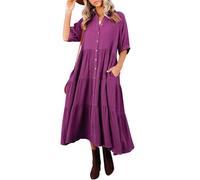 R.Vivimos Vestido Bohemio De Manga Corta Casual De Verano Femenino con Botones Abiertos Vestido De Camisa Midi(L,Morado)