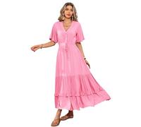 R.Vivimos Vestido De Manga Corta con Botones De Cuello V De Verano Femenino Vestido De Playa Plisada En Forma De a con Flores Bohemias Vestido(XL,Rosepink)