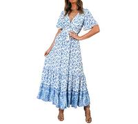 R.Vivimos Vestido De Manga Corta con Botones De Cuello V De Verano Femenino Vestido De Playa Plisada En Forma De a con Flores Bohemias Vestido(S,White)