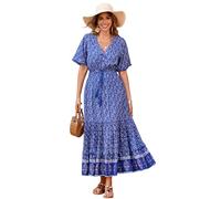 R.Vivimos Vestido De Manga Corta con Botones De Cuello V De Verano Femenino Vestido De Playa Plisada En Forma De a con Flores Bohemias Vestido(S,Blue)