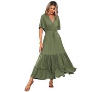 R.Vivimos Vestido De Manga Corta con Botones De Cuello V De Verano Femenino Vestido De Playa Plisada En Forma De a con Flores Bohemias Vestido(S,Armygreen)