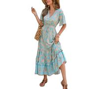 R.Vivimos Vestido De Manga Corta con Botones De Cuello V De Verano Femenino Vestido De Playa Plisada En Forma De a con Flores Bohemias Vestido(S,Skyblue-Floral)