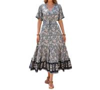 R.Vivimos Vestido De Manga Corta con Botones De Cuello V De Verano Femenino Vestido De Playa Plisada En Forma De a con Flores Bohemias Vestido(XL,SmokeBlack)