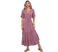 R.Vivimos Vestido De Manga Corta con Botones De Cuello V De Verano Femenino Vestido De Playa Plisada En Forma De a con Flores Bohemias Vestido(M,Mauve)