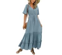 R.Vivimos Vestido De Manga Corta con Botones De Cuello V De Verano Femenino Vestido De Playa Plisada En Forma De a con Flores Bohemias Vestido(S,HazeBlue)