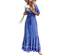 R.Vivimos Vestido De Manga Corta con Botones De Cuello V De Verano Femenino Vestido De Playa Plisada En Forma De a con Flores Bohemias Vestido(XL,Blue)