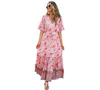 R.Vivimos Vestido De Manga Corta con Botones De Cuello V De Verano Femenino Vestido De Playa Plisada En Forma De a con Flores Bohemias Vestido(XL,Pink-Floral)