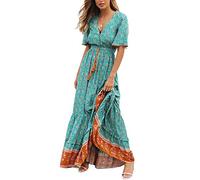 R.Vivimos Vestido De Manga Corta con Botones De Cuello V De Verano Femenino Vestido De Playa Plisada En Forma De a con Flores Bohemias Vestido(XL,Green)