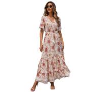 R.Vivimos Vestido De Manga Corta con Botones De Cuello V De Verano Femenino Vestido De Playa Plisada En Forma De a con Flores Bohemias Vestido(L,WhitePink)