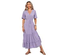 R.Vivimos Vestido De Manga Corta con Botones De Cuello V De Verano Femenino Vestido De Playa Plisada En Forma De a con Flores Bohemias Vestido(M,LilacPurple)